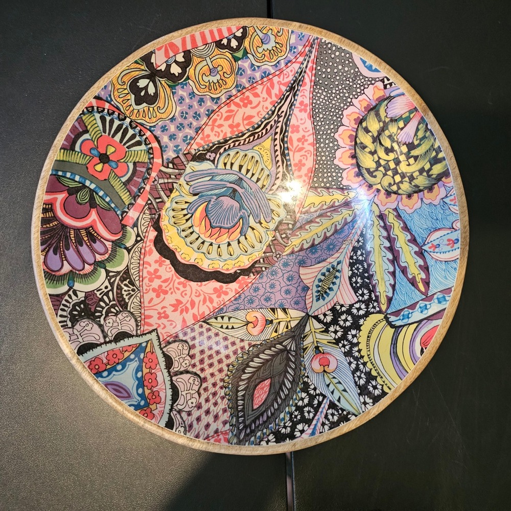 Wooden Salad Bowl Set with Colorful Enameled Paisley Interior and Servers 3pc